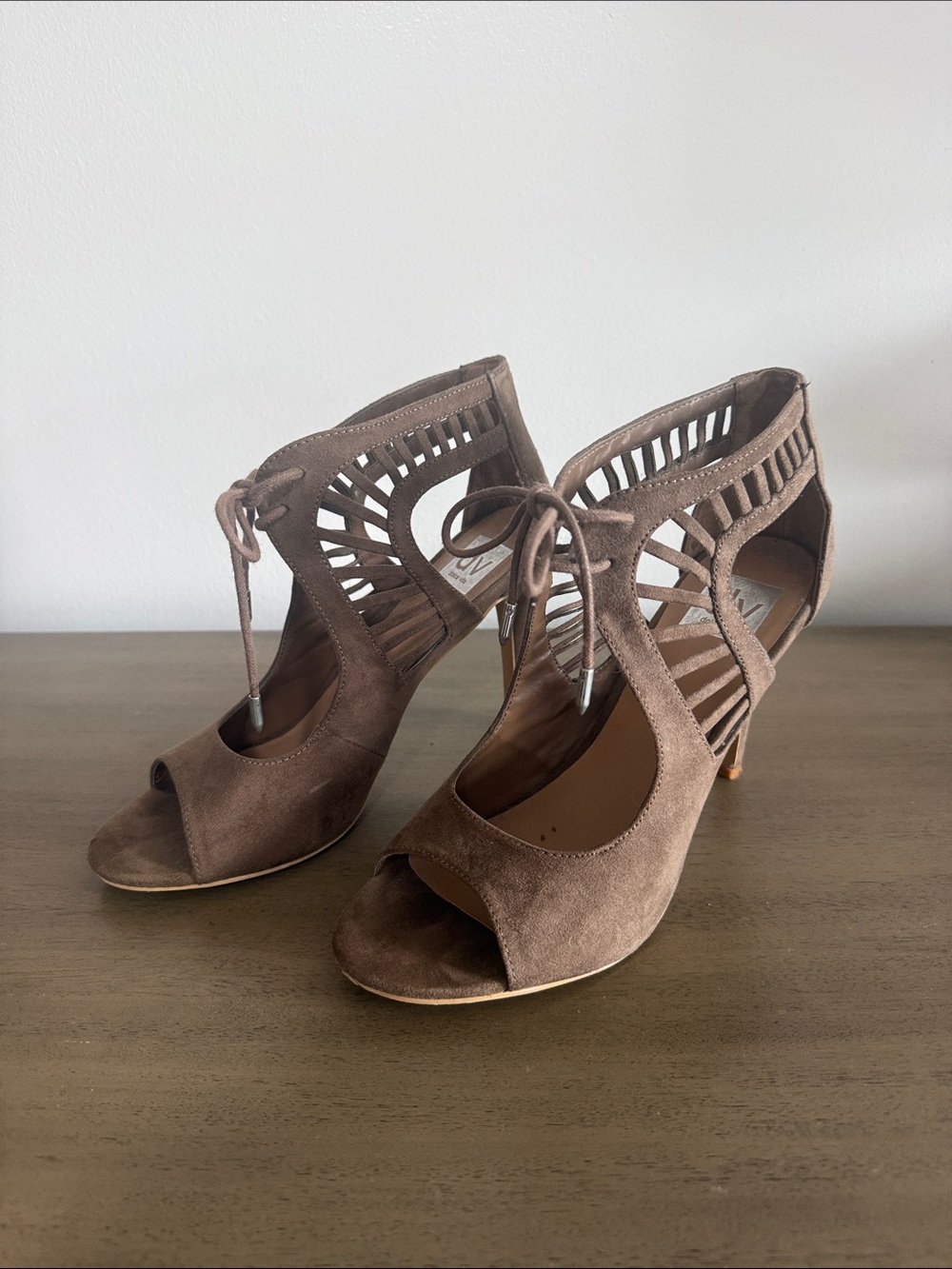 DV by Dolce Vita Brown Suede Cutout Lace-Up Peep Toe Heels